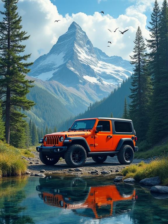 Photograph of an orange off-road Jeep parked by a water pool in a forest. Tall green pine trees surround the scene. A snowy mountain rises in the background. The sky is blue with dramatic clouds. Birds fly above. The image is hyper realistic.