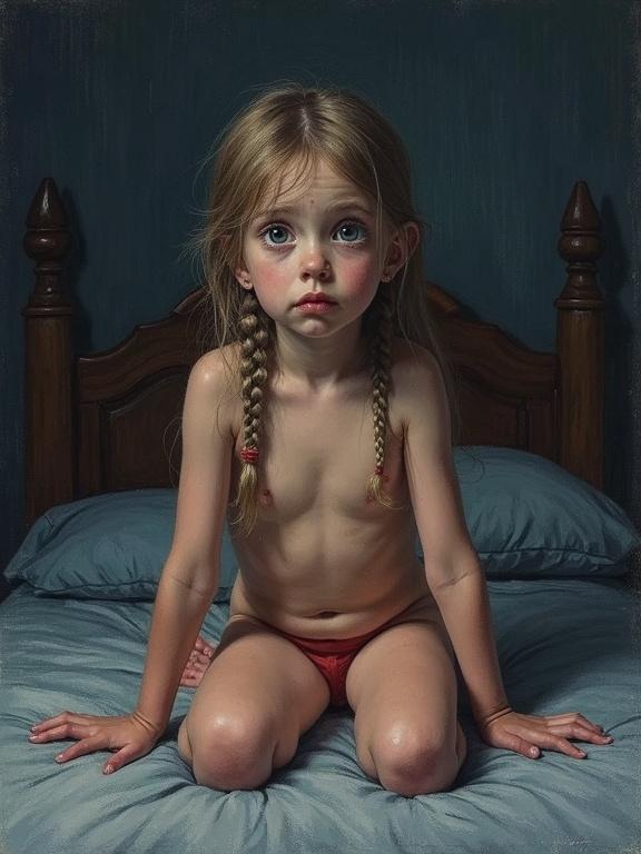 Realistic drawing of a frightened Estonian girl with tearful expression seated on a bed. Soft lighting illustrates the emotional tone.