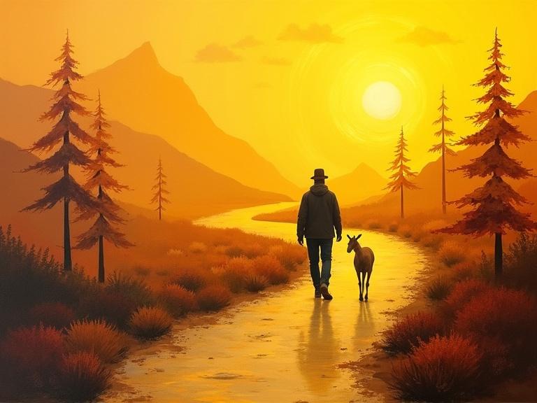 A petite man walks with a pet mountain goat. The scene features a long winding path leading into the sunset. Melancholic atmosphere. Dominant yellow hues create warmth. Trees with origami-like shapes. Deep vibrant colors are soothing. The painting resembles smooth post-impressionist style with detailed shadows.