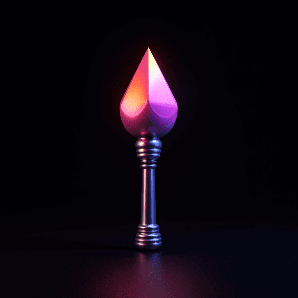 A metallic spade-shaped object glows in pink and orange hues against a dark background.