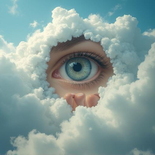 Surreal image of clouds with an eye and hand peeking through a torn opening. Artistic blend of realism and fantasy elements.