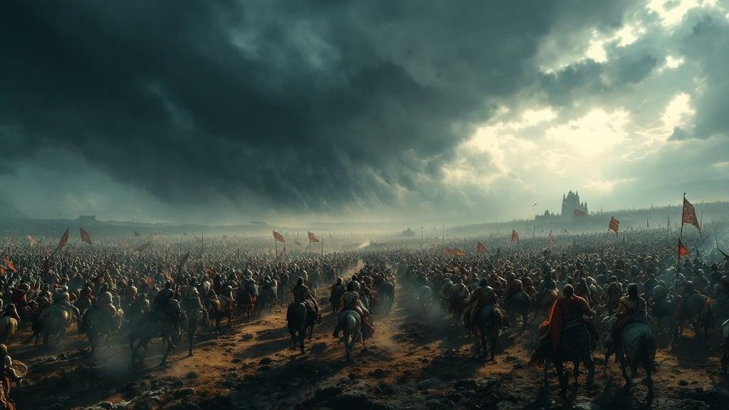 A vast battlefield depicts a dramatic scene filled with warriors in traditional Mahabharata-era armor, horses, and chariots. Thousands of fighters are positioned in preparation, while banners dance in the turbulent wind. The dark, stormy sky adds intensity to the scene.