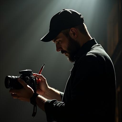 Filmmaker stands in shadowy light. One hand holds a camera. Other hand holds a pen. Person wears a black cap and has a little beard.