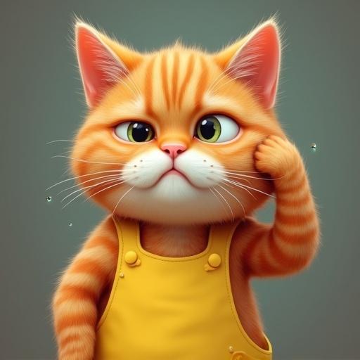 A semi-realistic orange tabby cat in a yellow apron. The cat looks anxious, scratching its cheek. Eyes shifting sideways. Sweat drops near the face. The situation appears awkward.