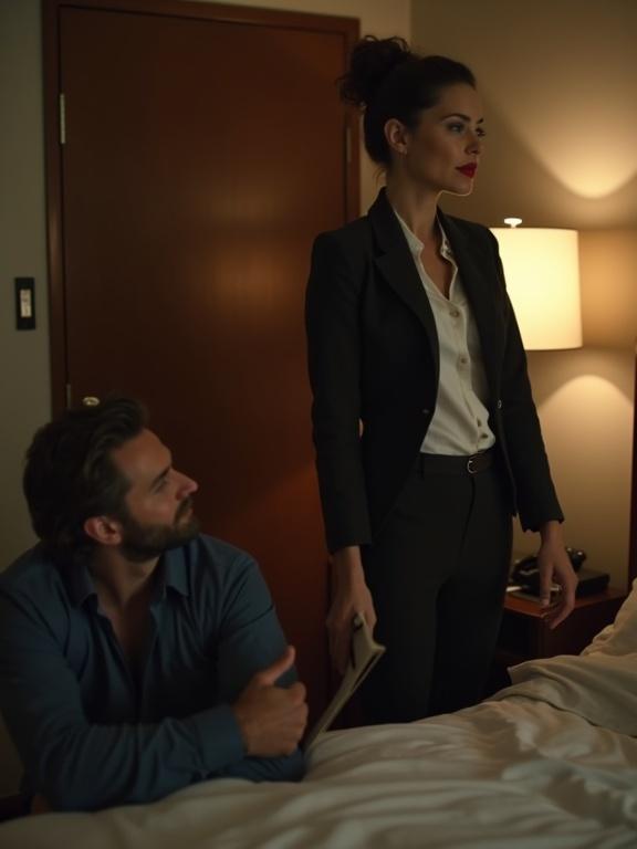 Moody hotel room illuminated by soft lamp light. Woman stands near the door in fitted blazer and half-unbuttoned blouse. She has bold lipstick and messy bun, holding a file folder. She looks at a rugged man sitting on the bed with half-untucked shirt and rolled-up sleeves. Tension fills the air.
