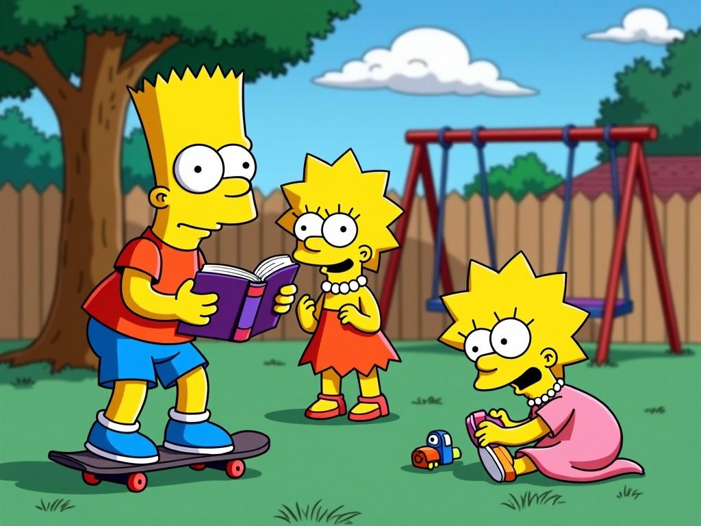 The image features iconic characters from a well-known animated series. Bart Simpson is reading a book while balancing on a skateboard, showing a mix of mischief and curiosity. Lisa Simpson stands nearby with a bright smile, engaging in playful behavior. Maggie Simpson is also present, focused on a small toy. The setting is a sunny day in a suburban backyard, emphasizing the theme of childhood. The vibrant colors and familiar characters create a nostalgic feel for viewers.