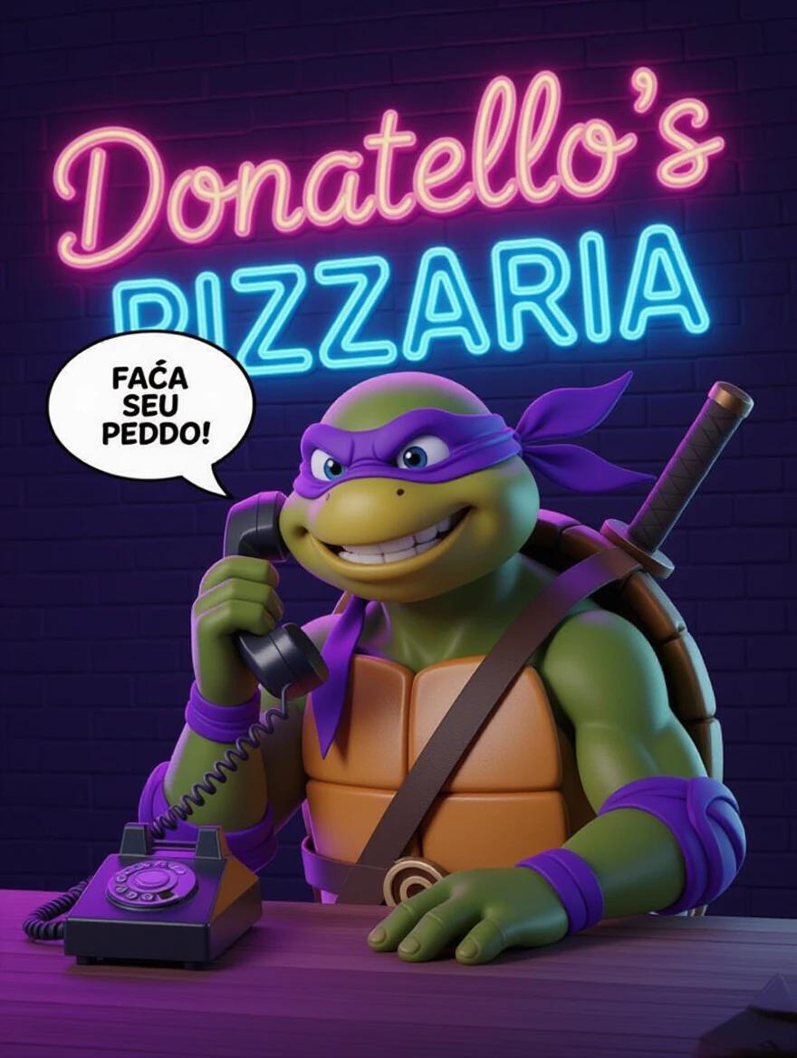 3D art of Donatello wearing a purple bandana. Donatello answering a phone. He says 'faça seu pedido'. Neon sign in background reads 'Donatello's pizzaria'. Fun and colorful atmosphere.