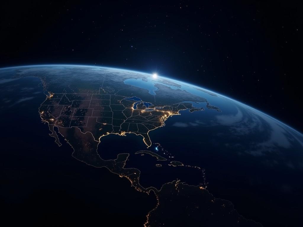 A stunning view of planet Earth as seen from space during the nighttime. The image captures the continents illuminated by city lights, showcasing the human presence across the globe. The deep blue color of the atmosphere contrasts beautifully with the dark, star-filled background. Glimmers of stars can be seen scattered throughout the vast expanse of space, creating a serene and breathtaking scene. The image also incorporates some elements that are officially furnished by NASA, enhancing its realism and scientific significance.