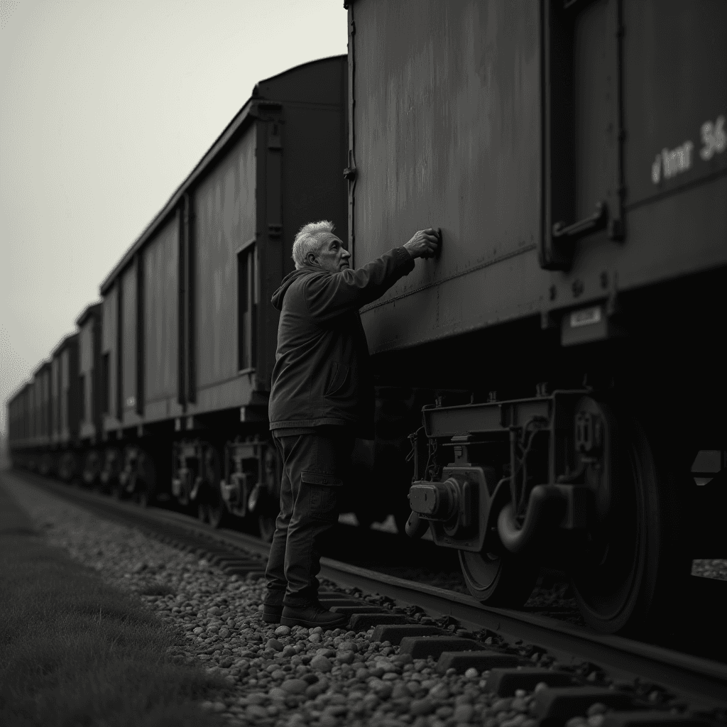 A man standing by a long train in a monochrome setting, evoking a sense of nostalgia.