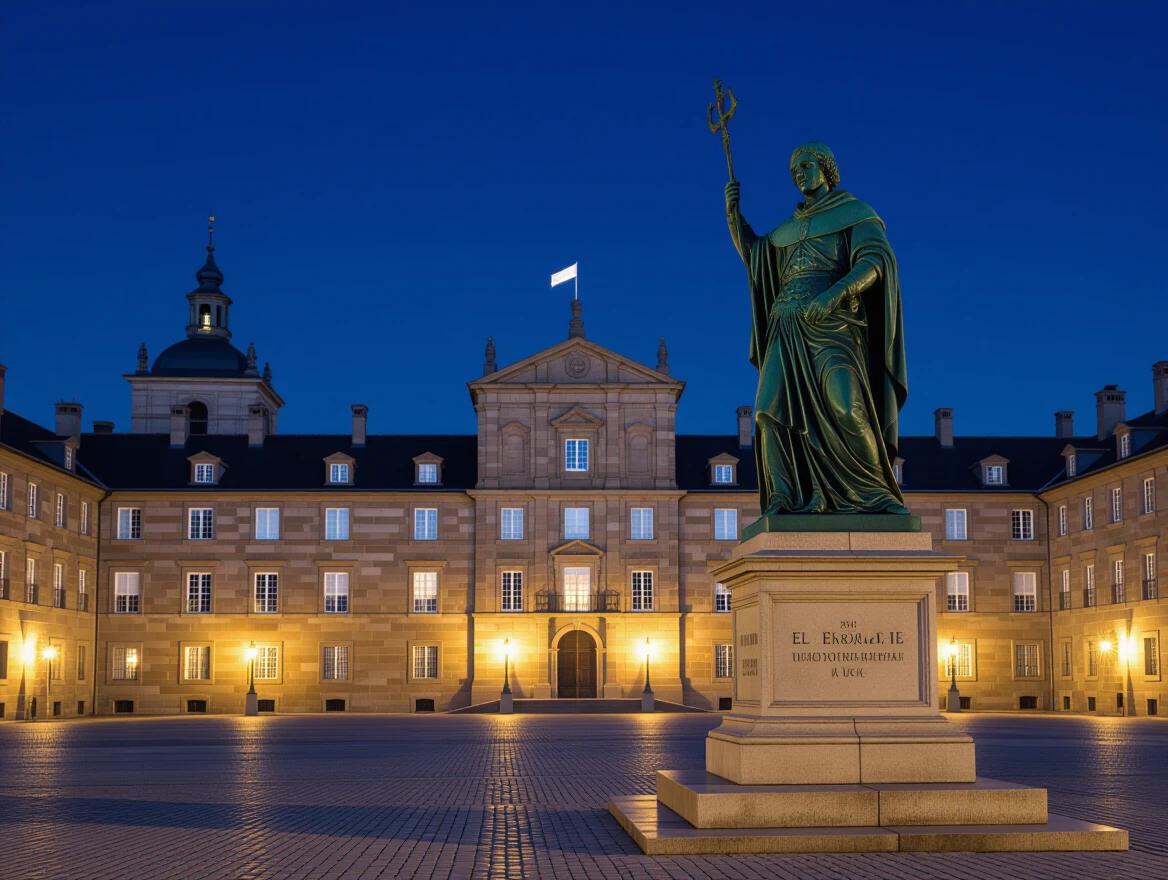 Statue of San Lorenzo in front of the El Escorial facade. Nighttime blue lighting creating a cinematic atmosphere.