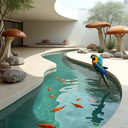 Futuristic minimalist room displays a clear stream flowing through the center. Visible fish and shrimp swim beneath transparent water. Wild woodland mushrooms in earthy tones line sides. Stream curves around circular seating area and cascades into deep pool. A well-muscled Rottweiler and blue-and-yellow macaws interact with water. Room features clean lines and modern architecture blending natural elements. Highlights in architectural photography with natural lighting.