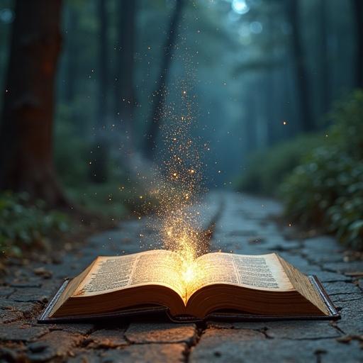 A magical scene featuring an open book in a forest. The book emits sparkling golden light. The background is a dense forest with fog and soft lighting. The setting creates a whimsical and enchanting atmosphere.