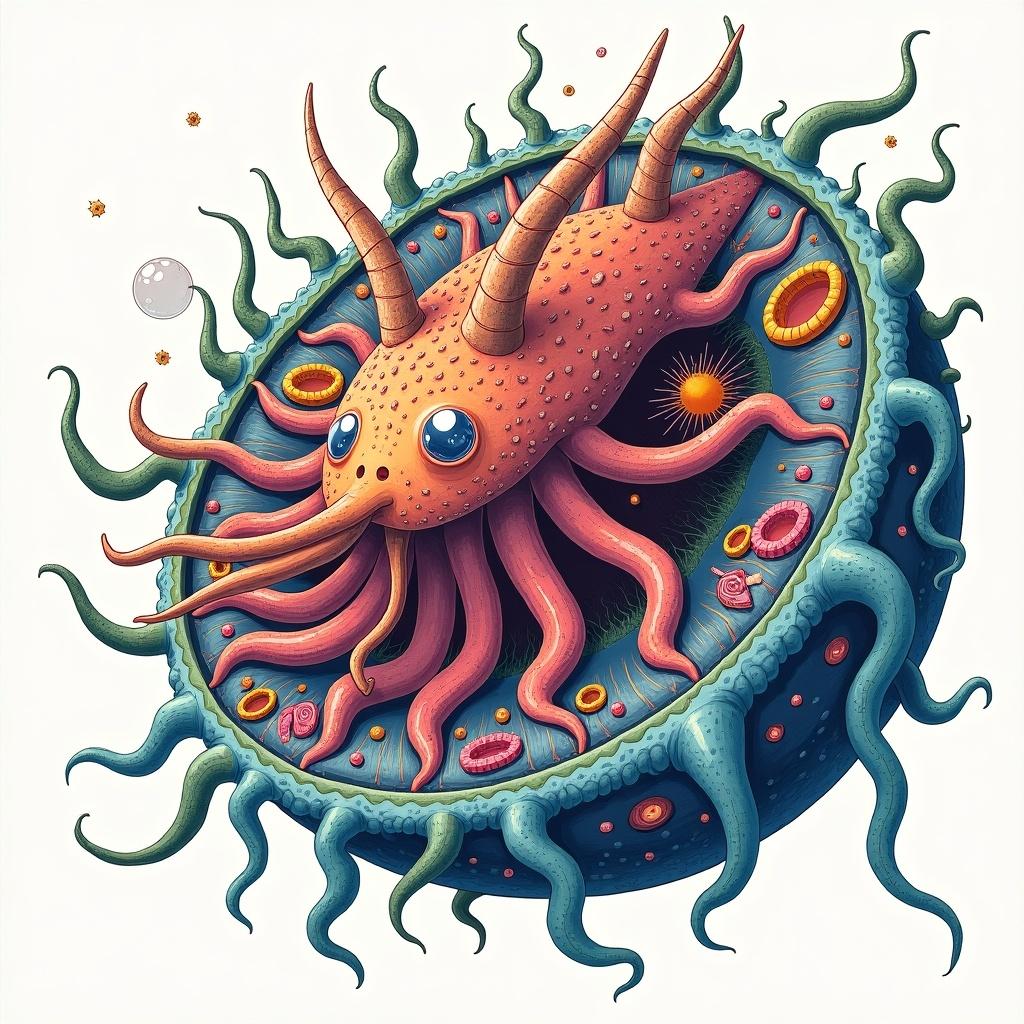 Illustration shows a whimsical and colorful cross-section of a cell. Features tentacle-like extensions and various organelles. Creature has multiple eyes and unique appendages. Playful and imaginative design with bright colors.