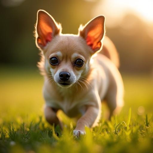 Chihuahua color beige con occhi verde chiaro che corre in un prato illuminato dal sole del tramonto