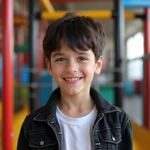 Nine year old boy with dark hair and magenta-purple eyes wearing black denim jacket over a white t-shirt smiling in indoor playground.