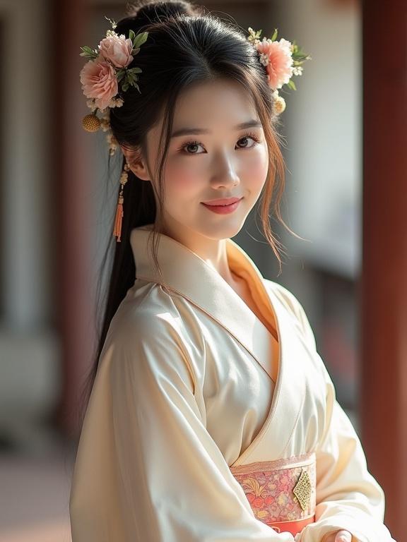 Cute Chinese woman wears traditional hanfu. Soft light highlights delicate facial features. Floral hair accessories add elegance. Graceful pose in cultural setting.