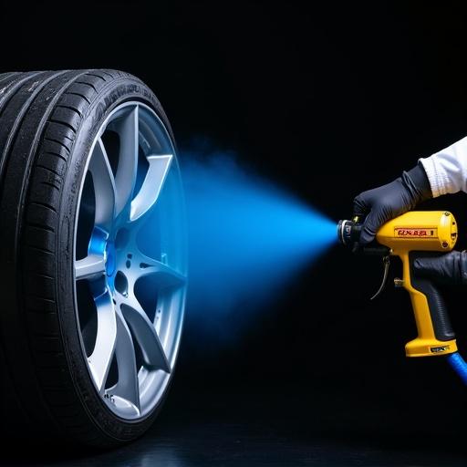 Close-up view of car wheel painting process. Focus on silver metal wheel coated in bright blue paint. Paint sprayer aimed at wheel with fine spray effect. Black gloved hand holds sprayer. Dark background emphasizes details and contrast.