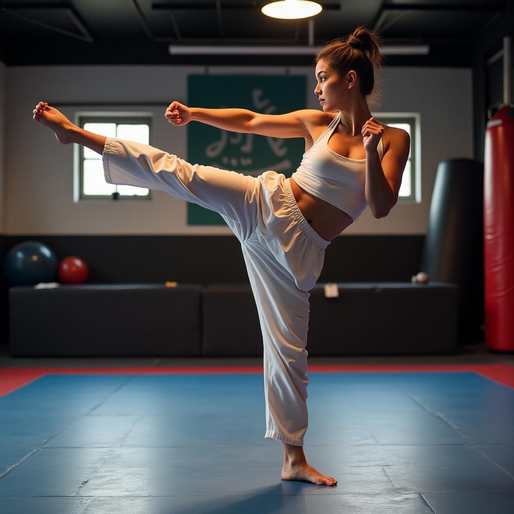 A woman is executing a high kick in a martial arts gym. She demonstrates both strength and concentration in her stance. The setting is a well-lit gym with equipment visible in the background. The colors include shades of blue and black, contributing to the dynamic atmosphere. This image encapsulates the essence of martial arts training and athleticism.