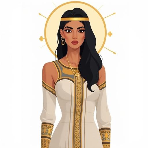 Digital portrait featuring a modern Egyptian woman. Incorporates Pharaonic eye makeup, a Coptic-inspired halo, minimalist outfit with Islamic geometric patterns. White background with stylized design.
