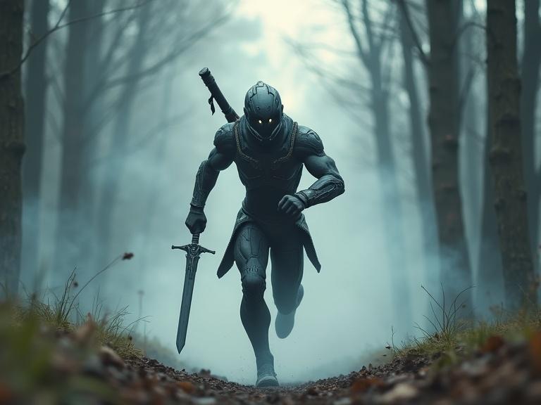 A warrior character resembling a generic warframe runs through a foggy forest. A blade is drawn while he moves swiftly. A natural-looking face appears in the clouds behind him.
