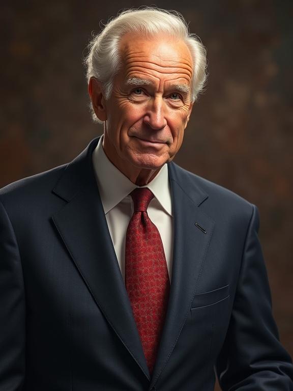 Formal portrait of man in navy suit and crimson tie. Background features warm earth tones. Focus on upper body. Elegant lighting creates refined appearance.