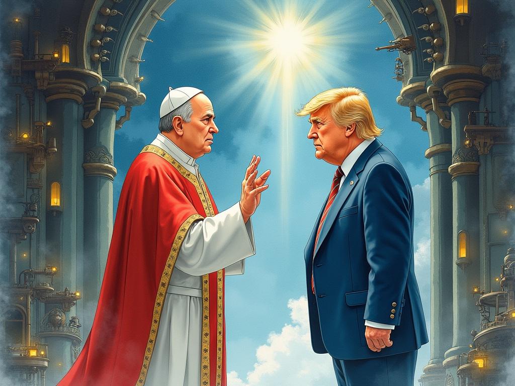 A watercolor illustration with Pope Francis and Donald Trump at the gates of heaven. Pope has a serious expression. The scene has a dark steampunk atmosphere with mechanical elements. Maintain a vivid watercolor style capturing whimsical and moody contrasts. Focus on characters' expressions and body language showing a refusal.