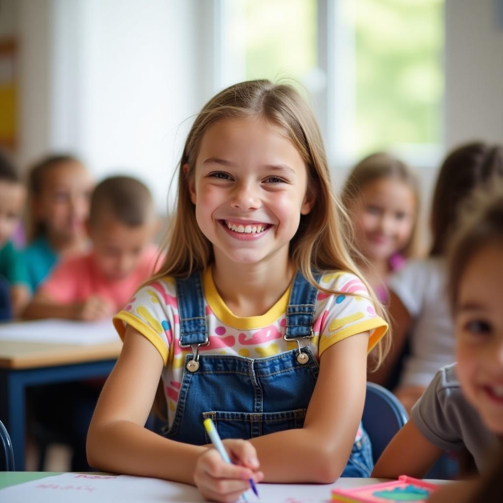 The image shows a cheerful girl around 10 years old sitting at a desk in a bright classroom. She has a joyful smile, embodying happiness and engagement. The classroom is filled with other children, indicating a lively learning atmosphere. The girl is dressed in a colorful t-shirt and denim dungarees. Natural light fills the room, enhancing the positive mood of the scene.