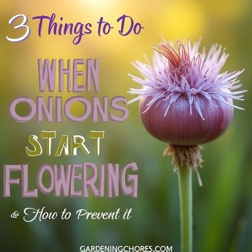 Vertical graphic design featuring macro photograph of an onion flower head forming seeds captured in daylight. Pale purple bloom sits slightly right of center with star-shaped florets and small black seeds visible. Background has defocused foliage creating bokeh effect with green and golden tones. Natural side-lighting illuminates flower head texture in warm tones. Soft golden light filters through mist creating peaceful garden atmosphere. Text overlay includes '3 Things to Do', 'WHEN ONIONS START FLOWERING', and '& How to Prevent It'. Footer reads 'GARDENINGCHORES.COM'.