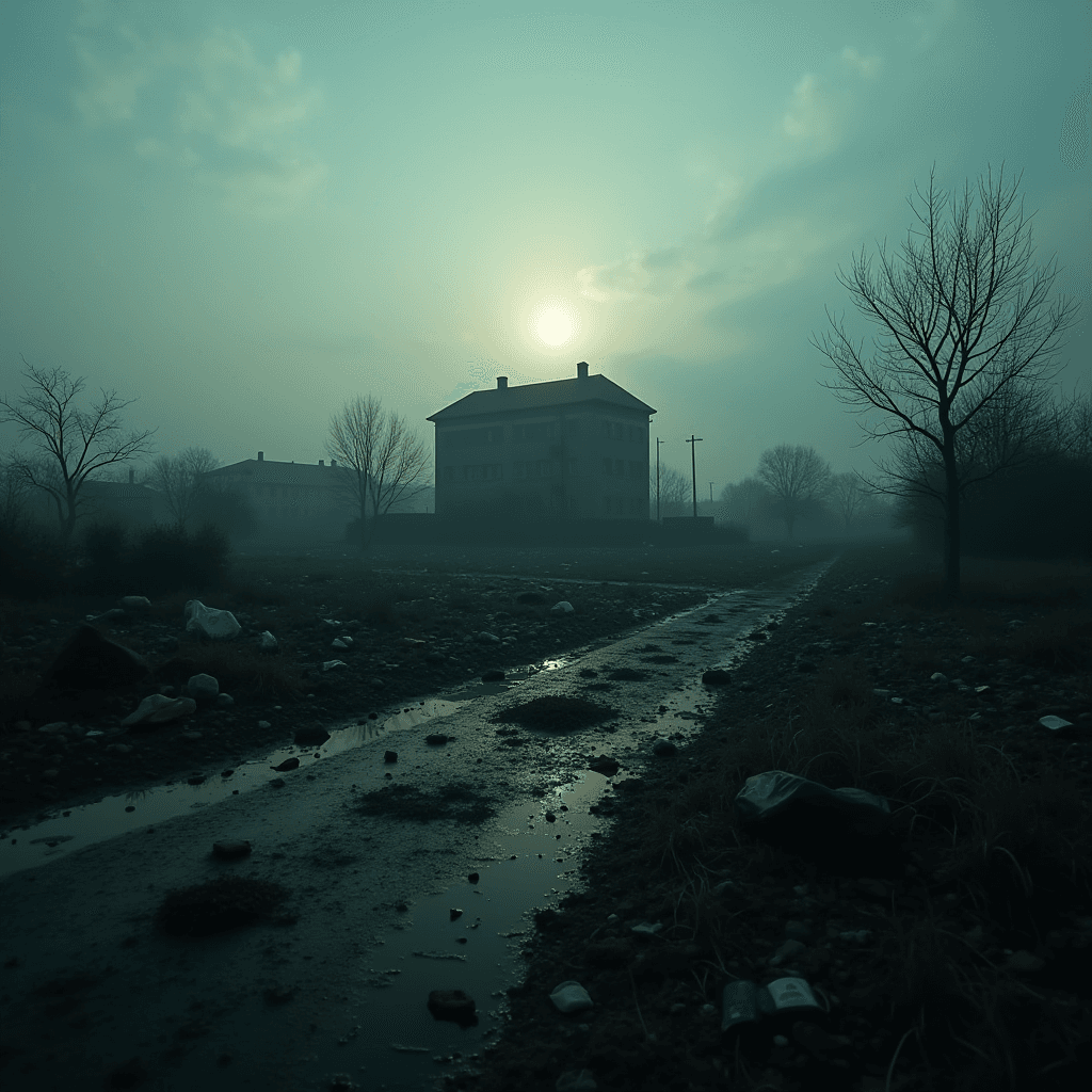 A desolate landscape with a foggy sunrise over a distant building and barren trees, with scattered debris on the ground.