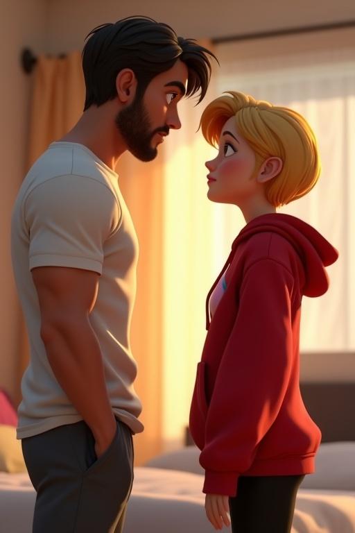 A cartoon scene in a Pixar-style 3D animated room. Scene in a modern bedroom with warm shadows. A man stands beside the bed wearing a fitted white T-shirt and dark joggers. He has tousled dark hair and calm brown eyes. He looks at a young woman close to him. She wears a red hoodie and black leggings. Her blond hair is short and her hazel eyes show vulnerability. They share a moment with a charged silence. The lighting is warm and catches their eyes.  Soft shading, smooth textures create an intense mood.