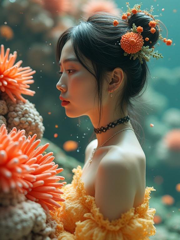 Hyperrealistic portrait of an Asian woman. Underwater scene with coral reef elements. Woman has intricate hair and accessories. Soft colors and tranquil ambiance. Side lighting creates depth. Focus on serenity and elegance.