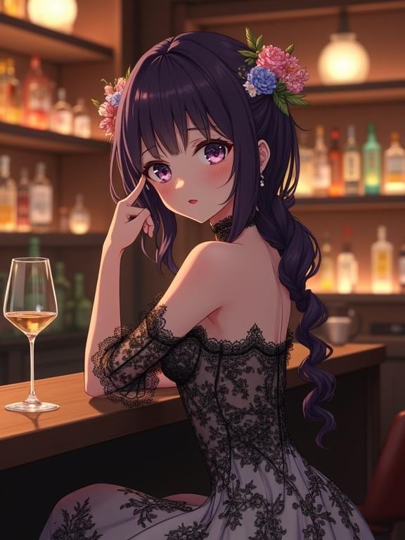 Anime-style lady at a bar in a stunning black and white lace dress. Dress has floral patterns and off-the-shoulder neckline. She has purple eyes and dark violet hair with flowers. The setting is a cozy bar with shelves of alcohol bottles and warm lighting.