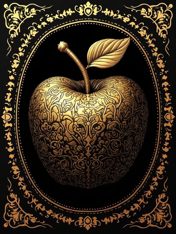Illustration of an elegant apple designed with intricate details. The apple is gold against a black background. Visual contains ornate patterns. The focus is on the apple with a decorative border.