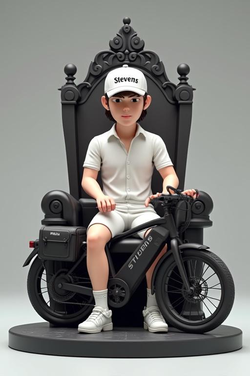 High-quality 3D anime-style action figure of character sitting on a throne. Character wears white outfit and cap with text. Bodyguards stand beside character, representing famous athletes.