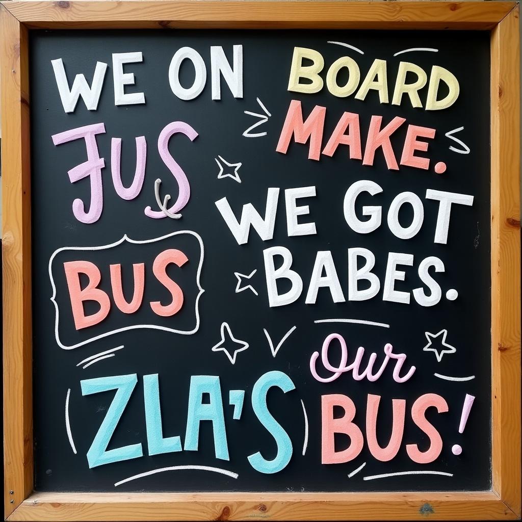 Chalkboard design featuring fun and colorful slogans. Get on board. We got babes. Bright text. Playful vibes.