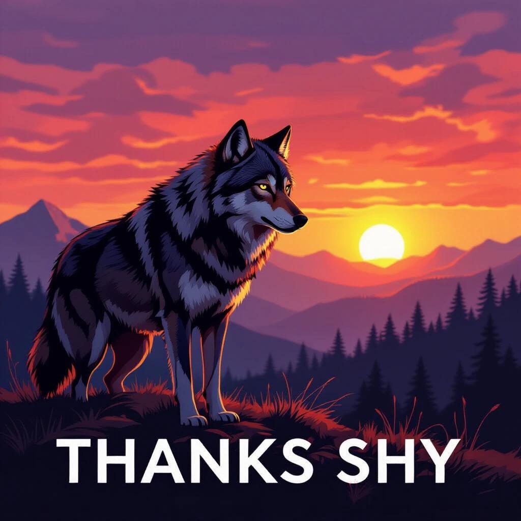 A wolf stands proudly against a vibrant sunset. The sky displays shades of orange and purple. The scene conveys a feeling of gratitude. The text 'THANKS SHY' is prominently featured in front.