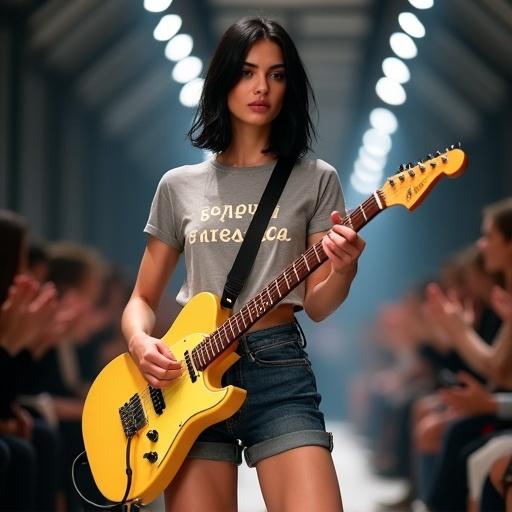 A supermodel with black semi short hair wears a crop t-shirt. She plays a yellow electric guitar. The setting is a Paris Fashion Show. The audience applauds her performance. The image has bokeh effects and depth of field.