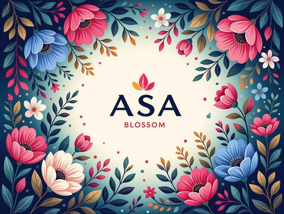 Logo features the text ASA BLOSSOM surrounded by vibrant floral elements. Imagery is characterized by a playful and magical tone. Background is soft and light. Vivid colors create a dreamlike atmosphere.