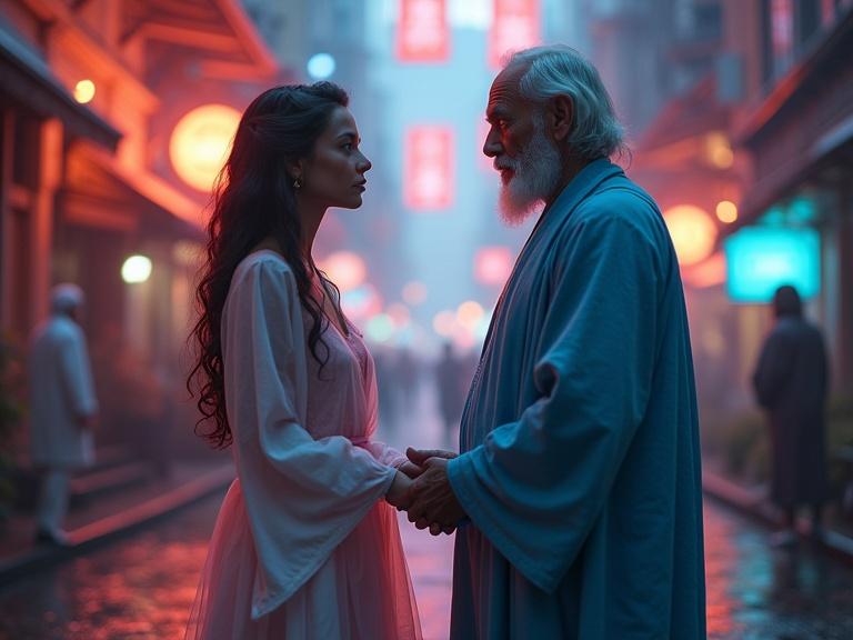 Maelle from Clair Obscur: Expedition 33. Interaction between a young woman and an elderly man. Cityscape with twilight colors. Dreamlike atmosphere with intricate light beams.