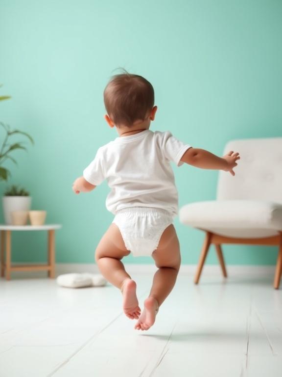 Small baby boy wearing a diaper and white shirt jumping actively in white and turquoise living room.