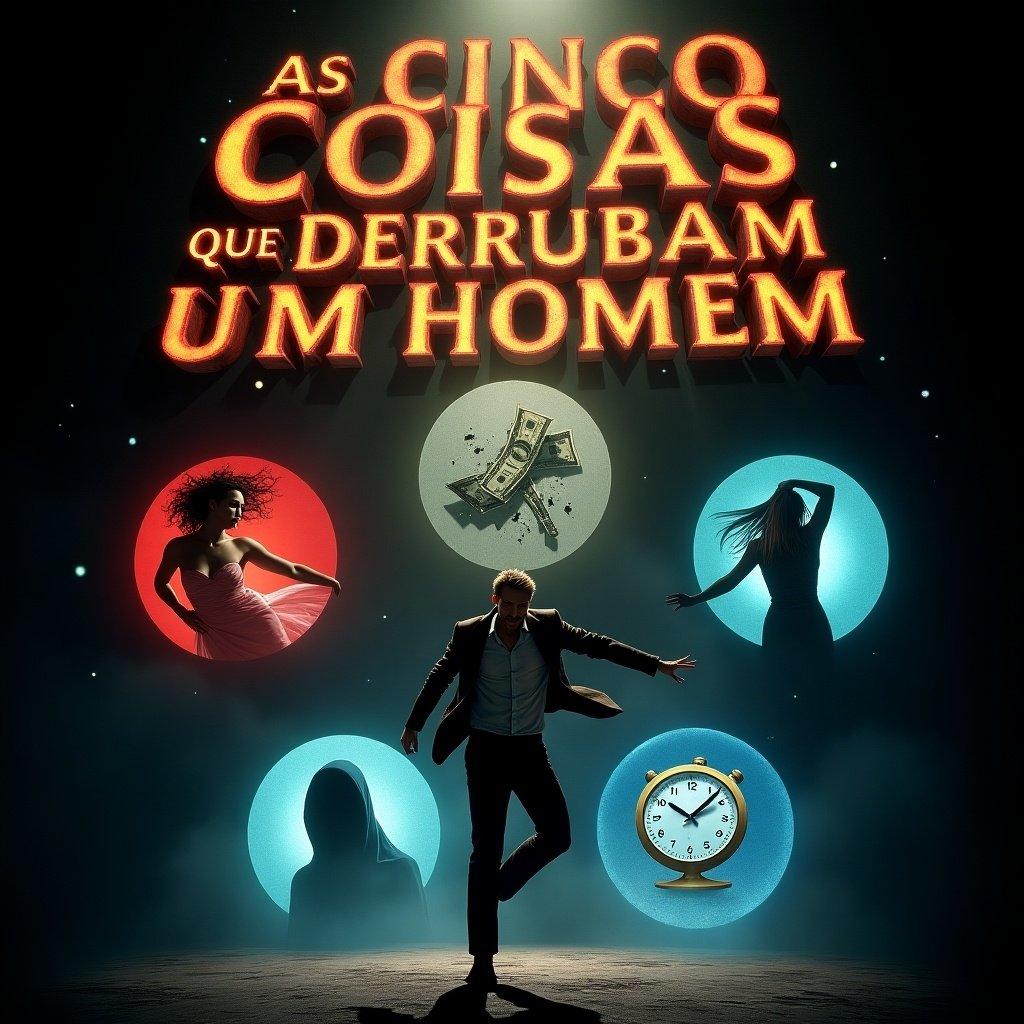 Cinematic and dramatic image featuring a man falling at the center surrounded by five symbols representing things that bring a man down. Symbols include a seductive woman, flying money, a shattered mirror, a melting clock, and an undefined shadow. Title in bold letters at the top: AS CINCO COISAS QUE DERRUBAM UM HOMEM. Dark background with dramatic lighting.