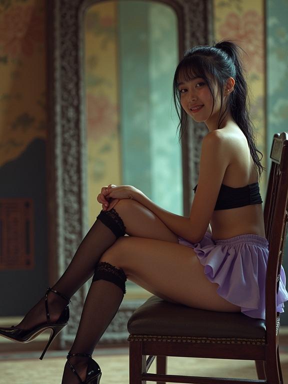 Grungy analog photo featuring a petite Chinese girl sitting in a feudal china imperial hall. Girl in a light purple mini skirt and black wired foam bra. Wearing sheer stockings with lace, high heels, and tied wet hair. She poses with crossed legs, looking at the camera with a soft smile. The photo captures her full figure with emphasis on her leg. Overexposed look with visible lens dust and film grain.