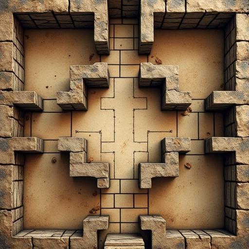A dungeon map designed on aged paper. The layout features nine rooms connected over five distinct levels.