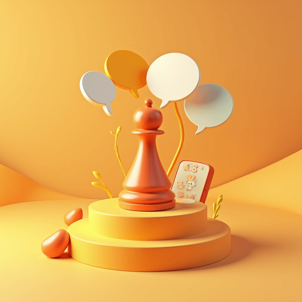 An orange chess piece stands on a platform surrounded by speech bubbles and a cute phone in a warm, surreal setting.