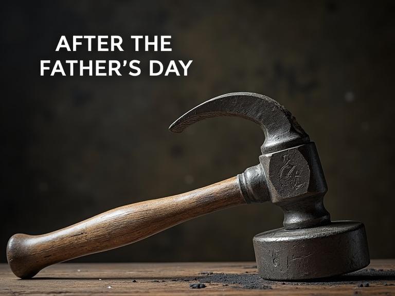 A large menacing hammer placed on a wooden surface. Elegant text overlay says After The Father's Day. Dark background gives a dramatic effect. The hammer symbolizes strength and craftsmanship. Focus on the details of the hammer with a blurred background.