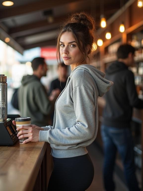 Low-quality blurry photo of a woman at a coffee stand. She's in leggings and a hoodie, with hair in a messy bun. Side view, slightly out of focus. Bright flat lighting. Cluttered background with signs and people. Her face half-turned, mid-blink, no posing. Colors are washed out. Quick phone snap of a gorgeous girl.