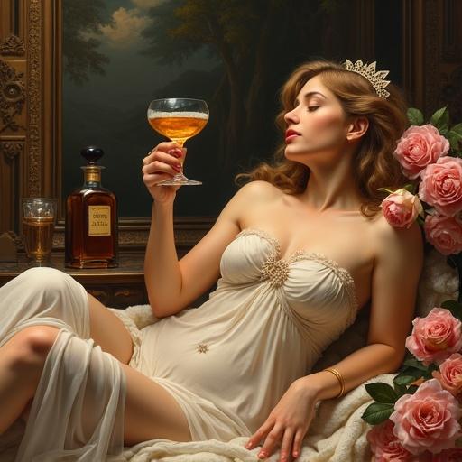 A modern Venus goddess reclines in a luxurious spa. Roses surround the scene. A bottle of ALFRUNO elixir is present. The goddess raises a cocktail glass to toast. Her golden lips shimmer in soft light. The artwork captures Renaissance opulence and modern elegance.
