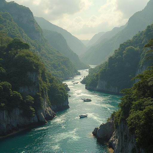 Visualize Rio de Janeiro in a severe global warming scenario. Show a lush landscape with a winding river surrounded by towering mountains. Capture the essence of nature under climate stress with verdant foliage and water reflections.