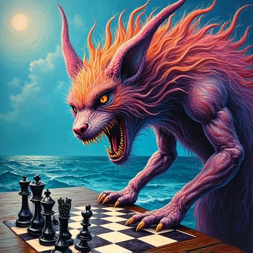 Colorful painting featuring a majestic monster with fiery fur beside a chess board. The background shows the sea. The artwork contains enchanting and bewitching elements, merging styles of Dan Mumford and Roald Dahl. The details are exquisite and the lighting is soft and cinematic.