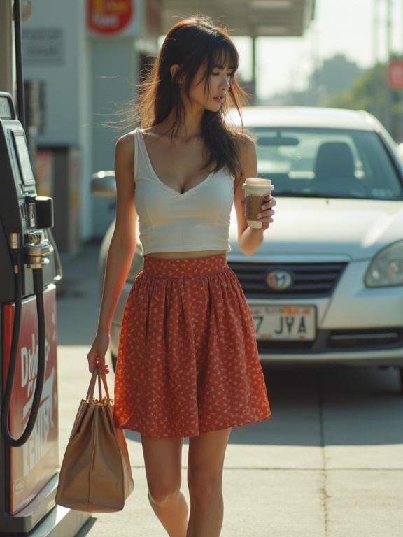 Woman walking to car at gas station holding coffee and shopping bag. Dressed in tank top and skirt. Scene in bright natural light with urban setting.